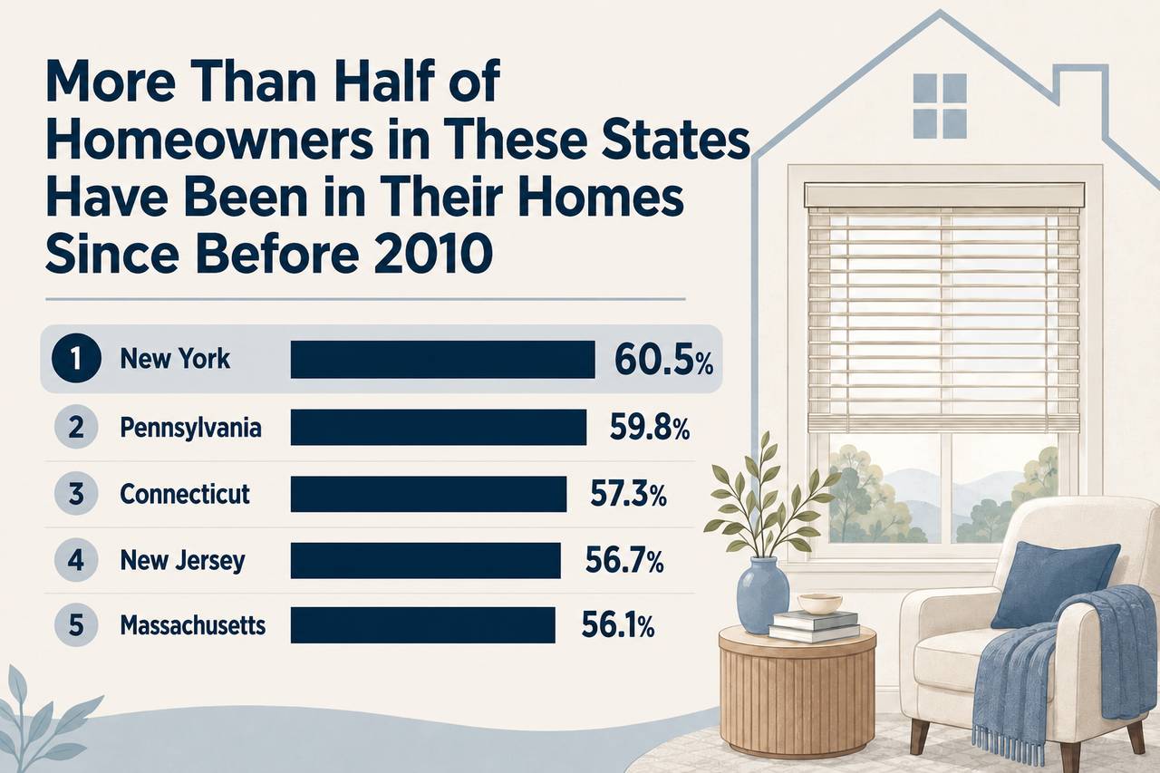 Infographic listing the top 5 states where more than half of homeowners have been in their homes since before 2010.